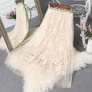 

Spring and Summer 2019 New High Waist Pleated Lace Mesh Skirt Women's Mid-long Hookup and Hollowed Skirt