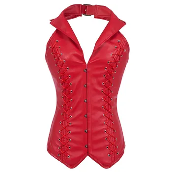 

Red Faux Leather Halter Top Gothic Corselet Corset Sexy Espartilhos E Corpetes Corsets And Bustiers Corsetto Burlesque Costumes