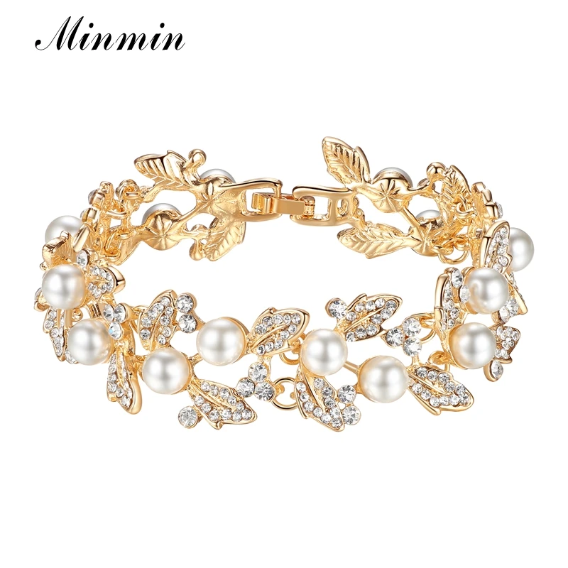 Minmin браслеты с искусственным жемчугом и кристаллами в форме листа для женщин золотого/серебряного цвета модные свадебные ювелирные изделия SL089