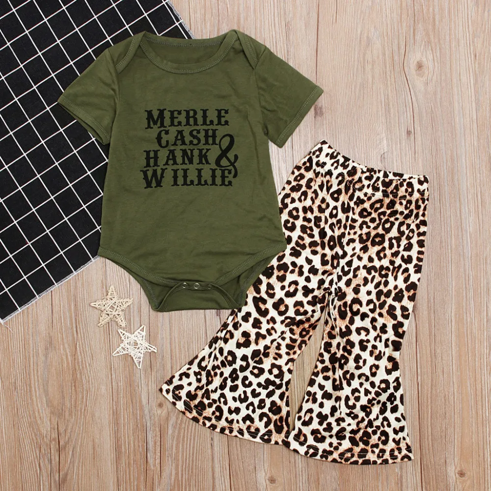 

Short Sleeve Bodysuit New Fashion Newborn Infant Baby Boy Girl Letter Tops Modis Leopard Flared Pants Clothes Set Kids Clothing