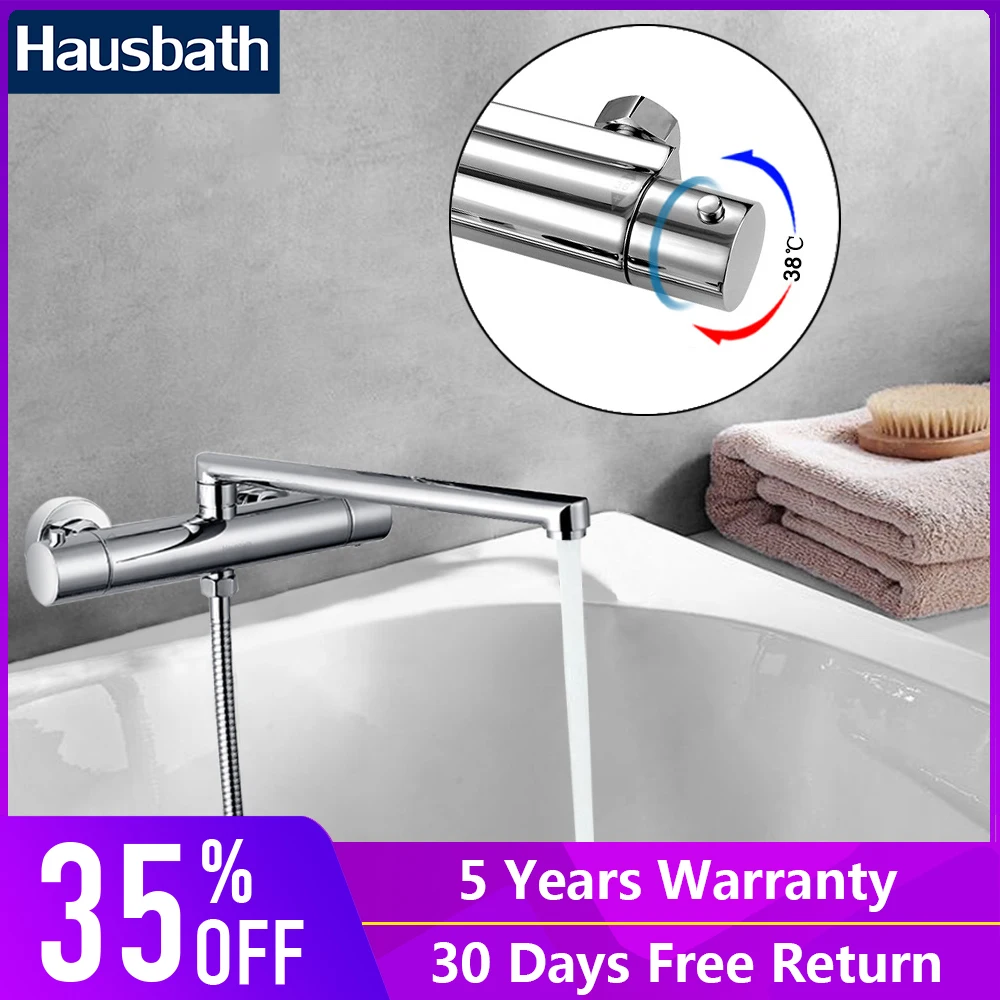 

Bath Shower Faucet Tap Thermostatic Faucet Bathtub Tap Long Straight Spout Nozzle Bathroom Water Saving Dual Hole