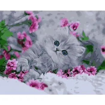 

Painting By Numbers DIY Dropshipping 40x50 50x65cm Cute kitten in purple flowe Animal Canvas Wedding Decoration Art picture Gift
