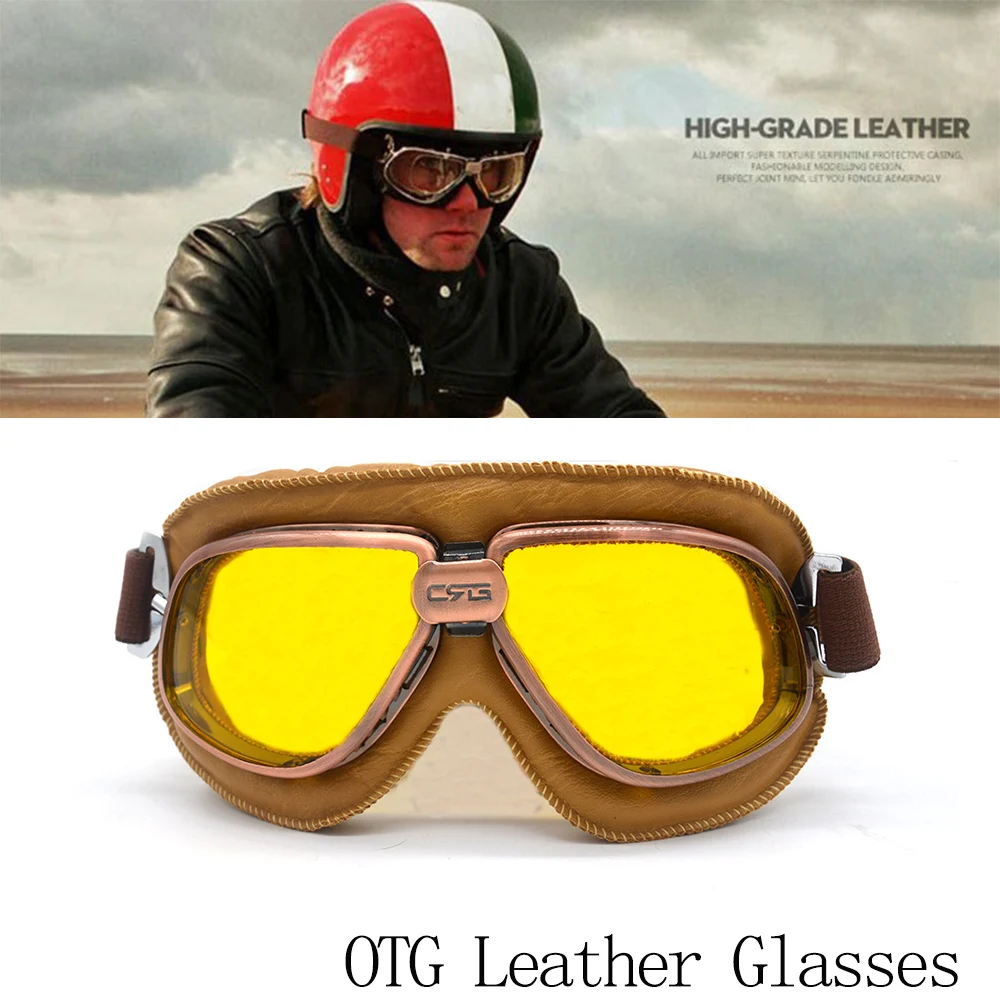 

Motorcycle OTG Goggles Motorbike Retro Vintage Pilot Style Glasses Steampunk Face Mask Open Half Helmet Yellow