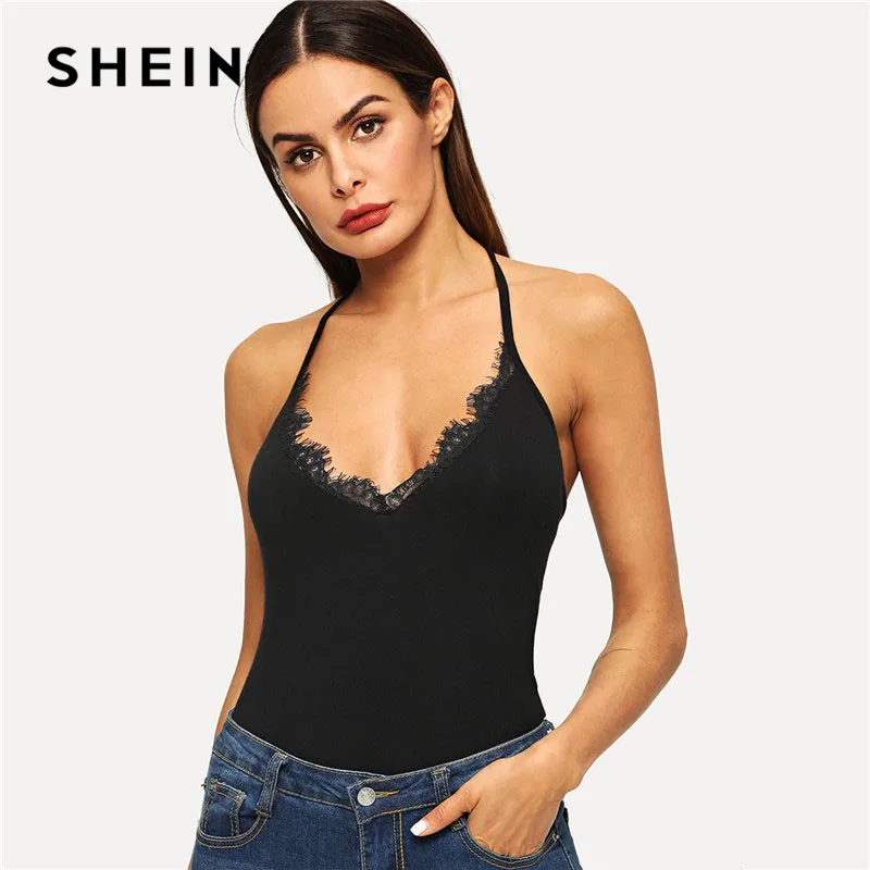 

SHEIN Black Contrast Lace Backless Halter Top Women Summer Sexy Night Out Stretchy Solid Cami Modern Lady Slim Fit Tops