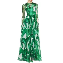 Мода, подиумная осеннее платье макси, новинка, женское высококачественное вечернее платье с длинными рукавами, с принтом в виде банановых листьев, повседневное длинное платье