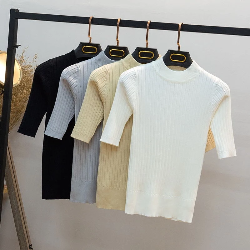 

ONLYSVTER Spring Autumn Women Pullover Sweater Knitted high Elasticity Slim Top Half Sleeves Rib Sweater