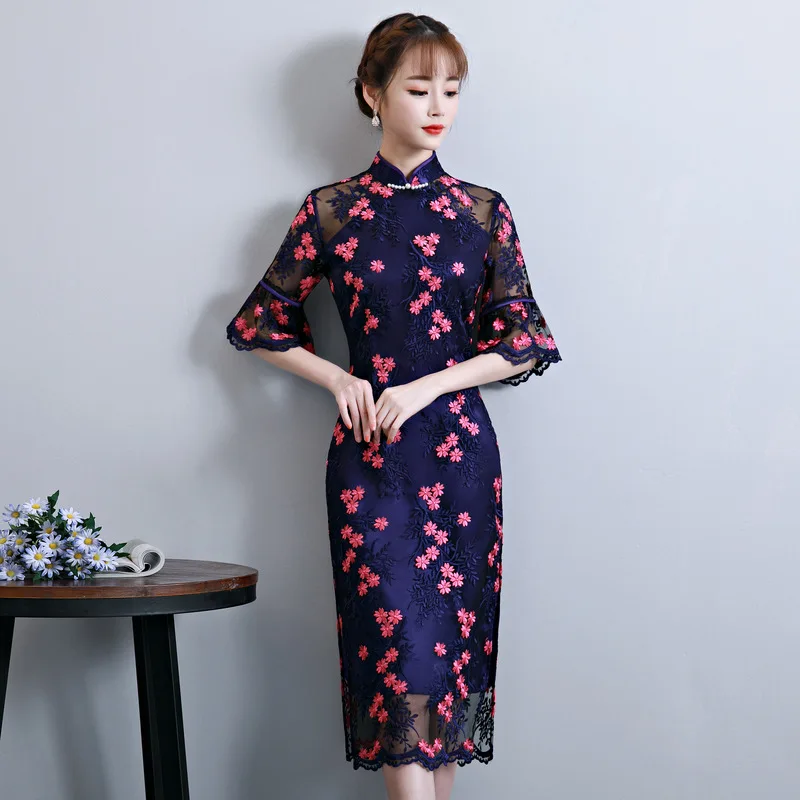 

Knee Length Cheongsam Vintage Chinese Mandarin Collar 2018 Womens Summer Mesh Embroidery Qipao Slim Party Dresses Vestido S-3XL