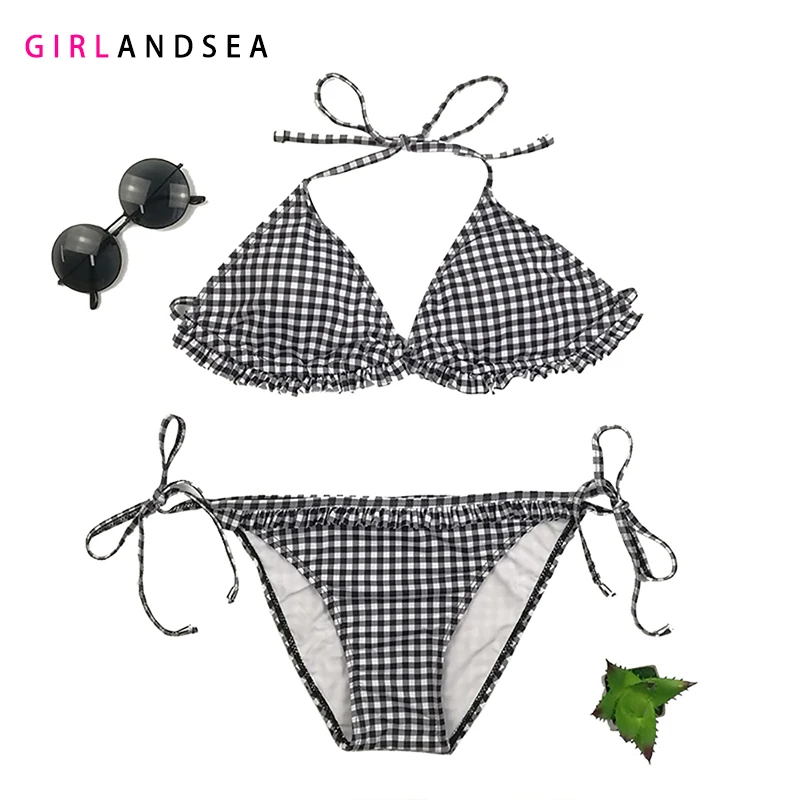 

GIRLANDSEA New 2019 Low-waisted Bikini Set Plaid Swimsuit