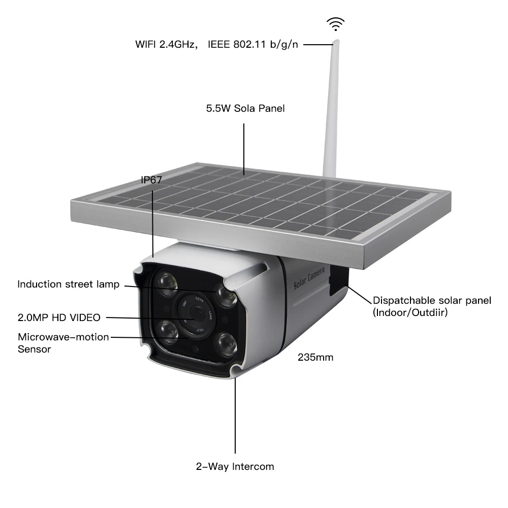 Открытый 2MP IP67 Водонепроницаемый 1080 P AI Интеллектуальный монитор для безопасности солнечной камеры