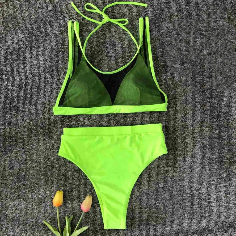

2019 Women Mesh Bikini Set High waist Hollow Out Bandage Swimsuit fluorescent green Sexy Swimwear Push Up Brazilian Swimsuit