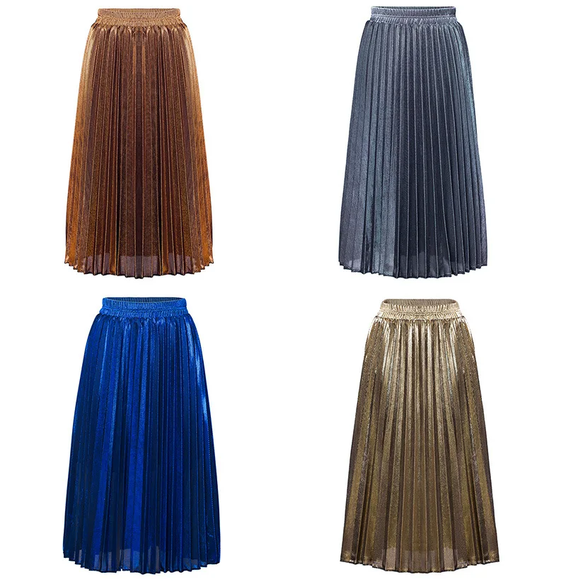 2018 модная юбка для Для женщин Лето ретро Винтаж плиссированные наполовину Длина длиной макси Золотой Высокая Талия пляжные юбки