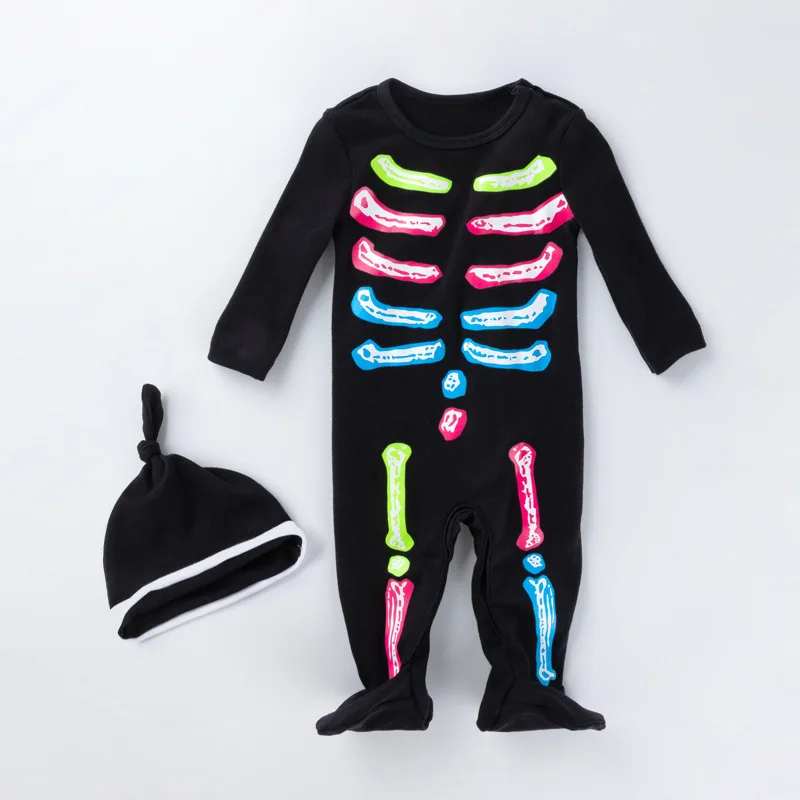 

High Quality Baby Halloween Costumes Baby Clothing Long Sleeve Soft Cotton Baby Rompers Jumpsuits+Hat Skeleton Infant Overalls