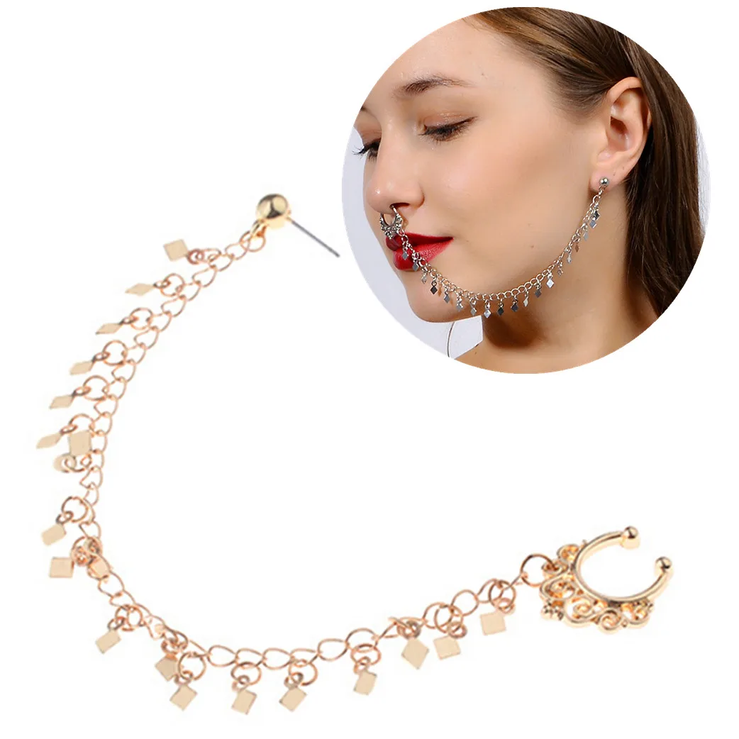 

1* Golden Nose Hoop Ring Chain Fashion Jewelry Ear Nose Studs With Sequin Tassel Link Chain Geometric Personality Punk Earrings