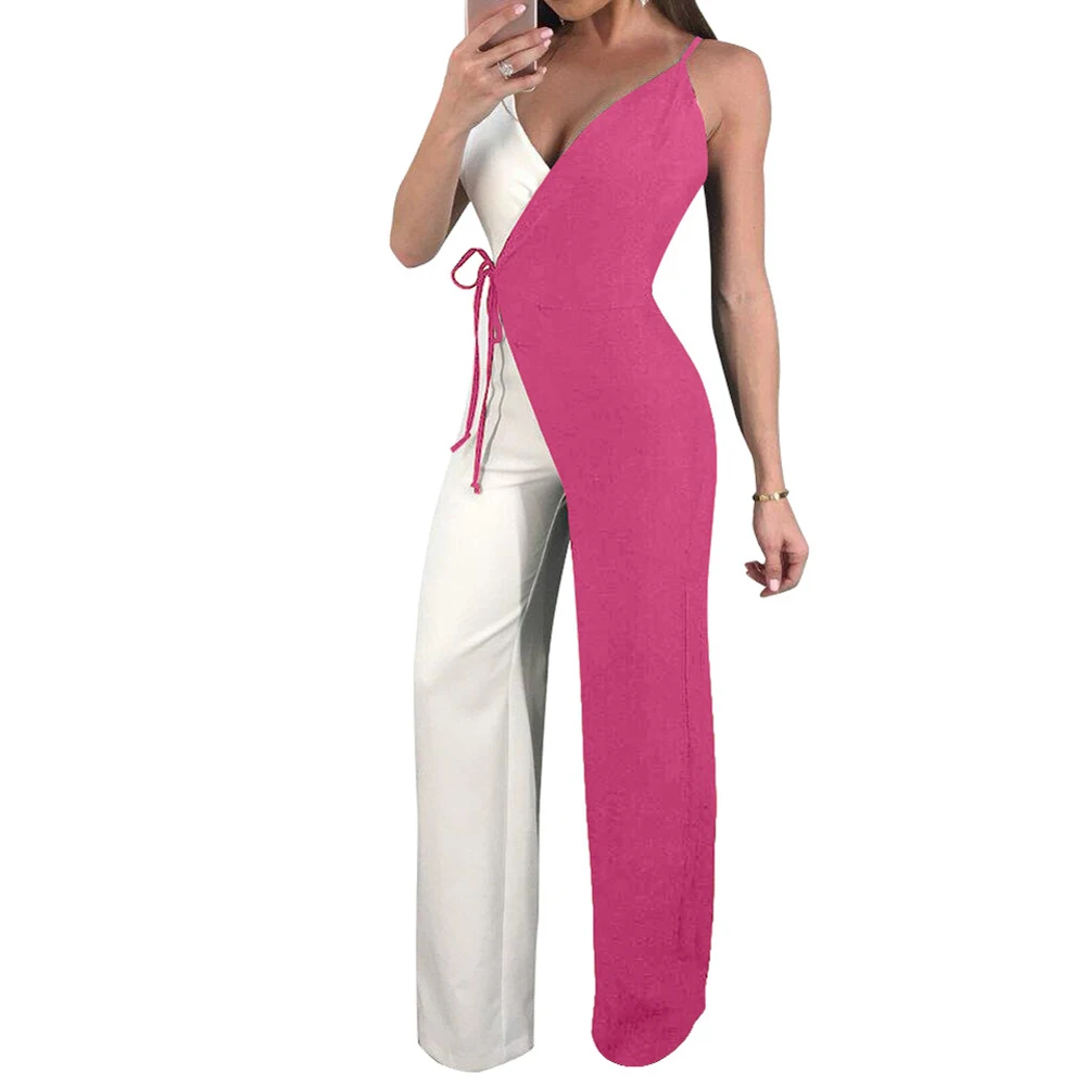 Yuyou Women Wide Leg Long Pants Jumpsuits Sleeveless Patchwork With Belted Jumpsuit Romper Woman Casual Overalls