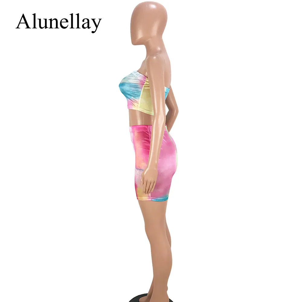Alunellay Women Sexy 2 Piece Sets Strapless Playsuit Gradient Rainbow Color Bodycon Jumpsuit Women Backless Sleeveless Playsuit