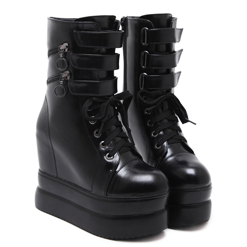 Haiyueli black Wedge Moto Latérale Punk Haute 2183 Femmes Hiver Gothique Veau Glissière Talons Chaussures Black Hauts Bottes Rivet Plate 2182 De forme gvIb76fYy
