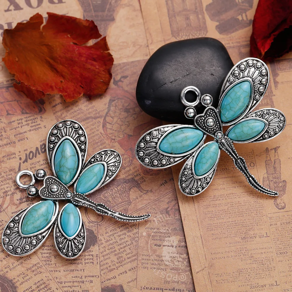 DoreenBeads цинковый сплав на основе Boho шикарные Подвески Стрекоза животное античный серебряный зеленый голубой Кабошон DIY 60 мм x 53 мм, 2 шт