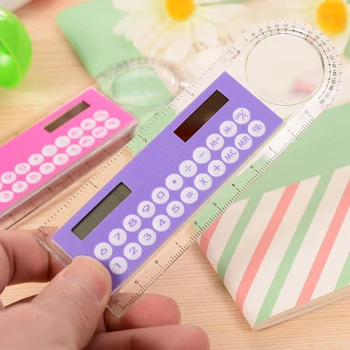 

Solar Energy Mini Calculator with 10cm Ultra-thin Ruler shape Magnifier Multifunction Calculadora Office Supplies Color Random
