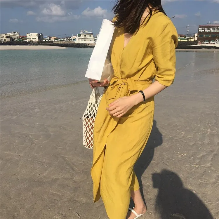 

Summer Women Casual V-Neck Cotton Linen Dress Mid-Calf Solid Sashes Beach Dress Loose Half Sleeve Mid Dress