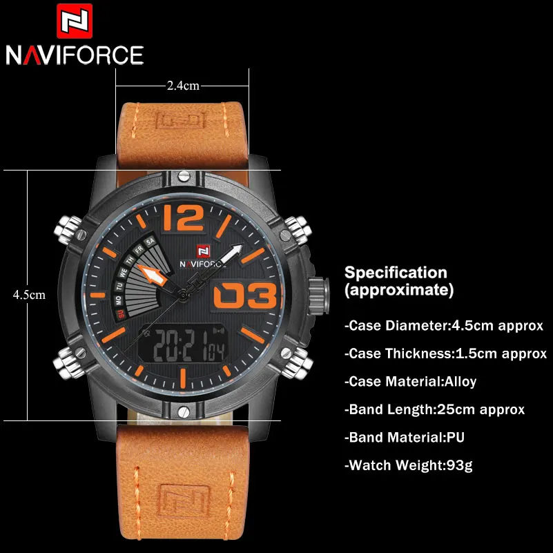 Men Sport Watches NAVIFORCE Brand Dual Display Watch Digital Analog Watch Electronic Quartz Watch 30M Waterproof Orange Clock