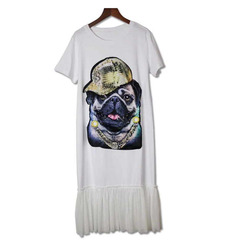 

2018 Dog stickers rivet Women Summer T Shirts dress stitchi Gauze Hem t-shirt sexy dress summer Women clothing