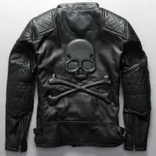 Мужская винтажная Байкерская кожаная куртка, Мужская воловья кожа, черепа, косая молния, натуральная кожа, пальто, Мужская байкерская куртка
