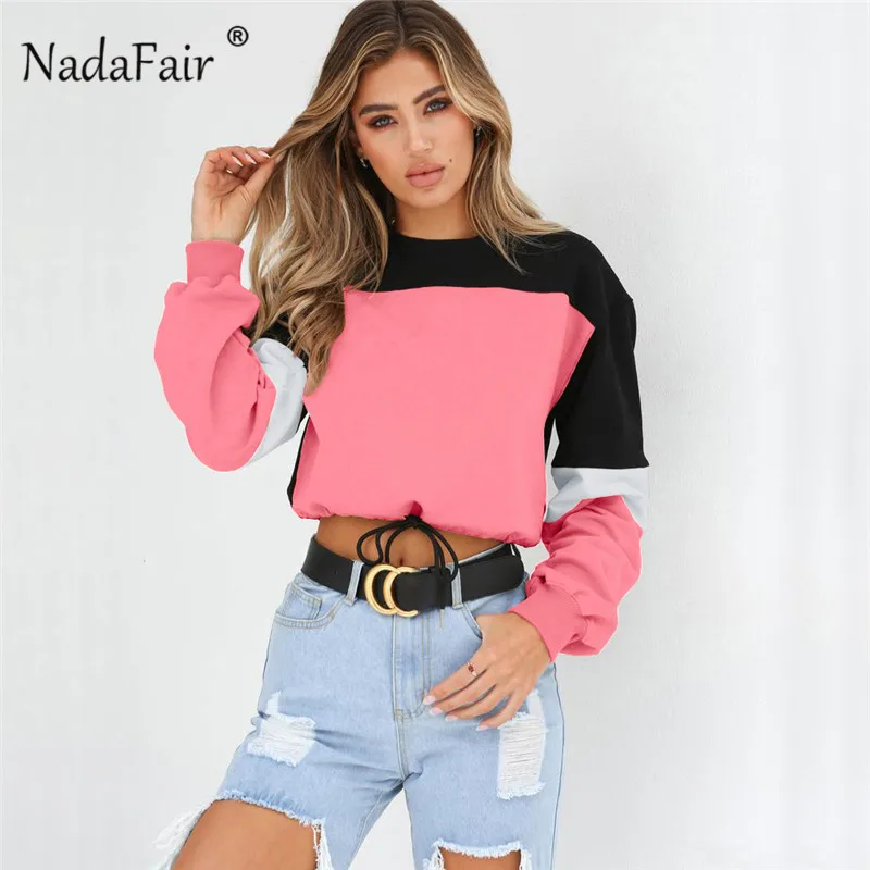 Nadafair, Цветные Лоскутные Свободные повседневные толстовки, женские свитшоты, Осенние сексуальные укороченные топы с эластичной талией, уличная одежда, Sudadera Mujer - Цвет: Розовый