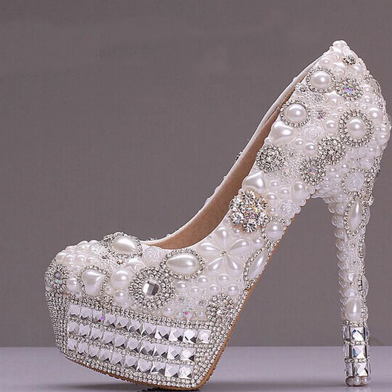 Luxurious Pearl and Rhinestone Platform White Wedding Shoes for Bridal and Prom Pumps Cow Split Party Show Shoes