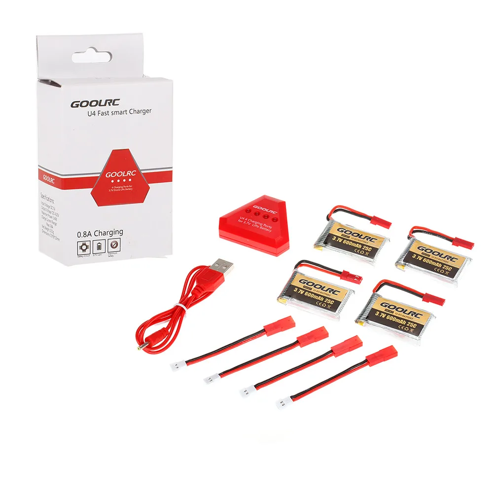 

4pcs 600mAh 3.7V 25C JST Connector LiPo Battery with 4 in 1 USB Charger for JXD 509W 509G RC Drone Quadcopter Parts
