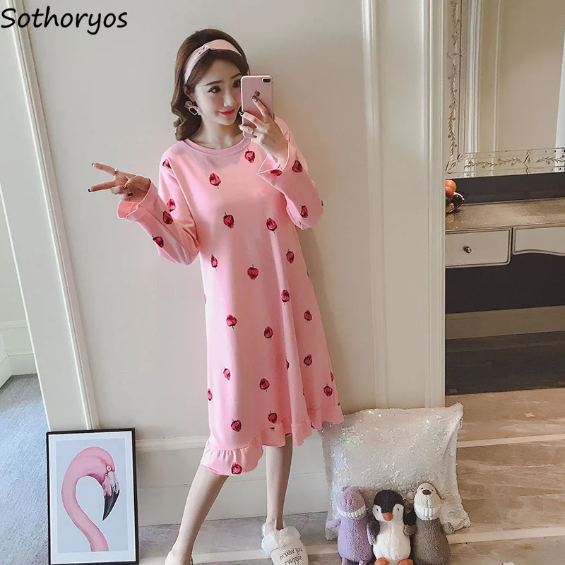 

Nightgowns Women Cotton Print Kawaii Plus Size Long Sleeve Womens Sleepwear Loose Casual Korean Style Simple Daily Nightwear