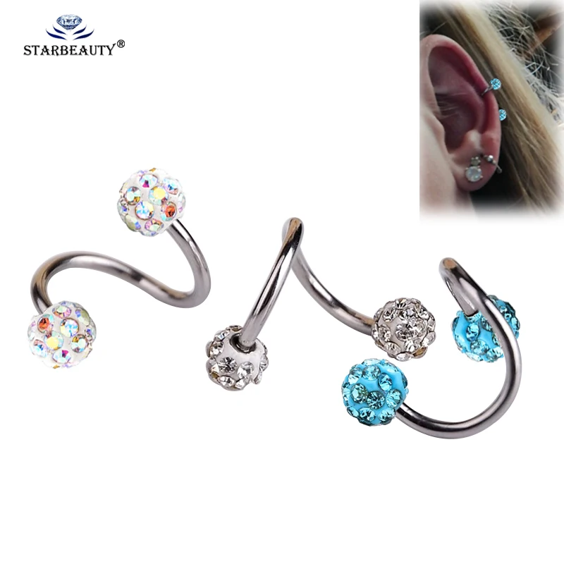 

Starbeauty 2pcs Full Crystal S Labret Ring Titanium Anodized Bar Spiral Twister Tragus Ear Piercing Helix ring Body Jewelry