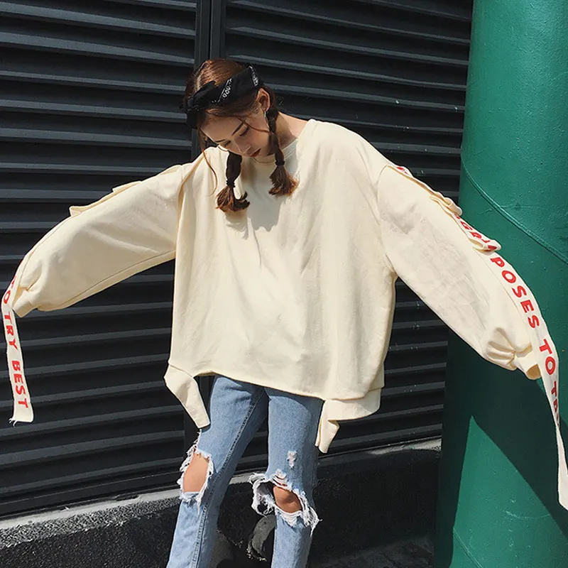 

Harajuku Style Spring Autumn Sweatshirt Loose Ribbon Decor Long Sleeve Sweat Shirts Women Jacket TT@88
