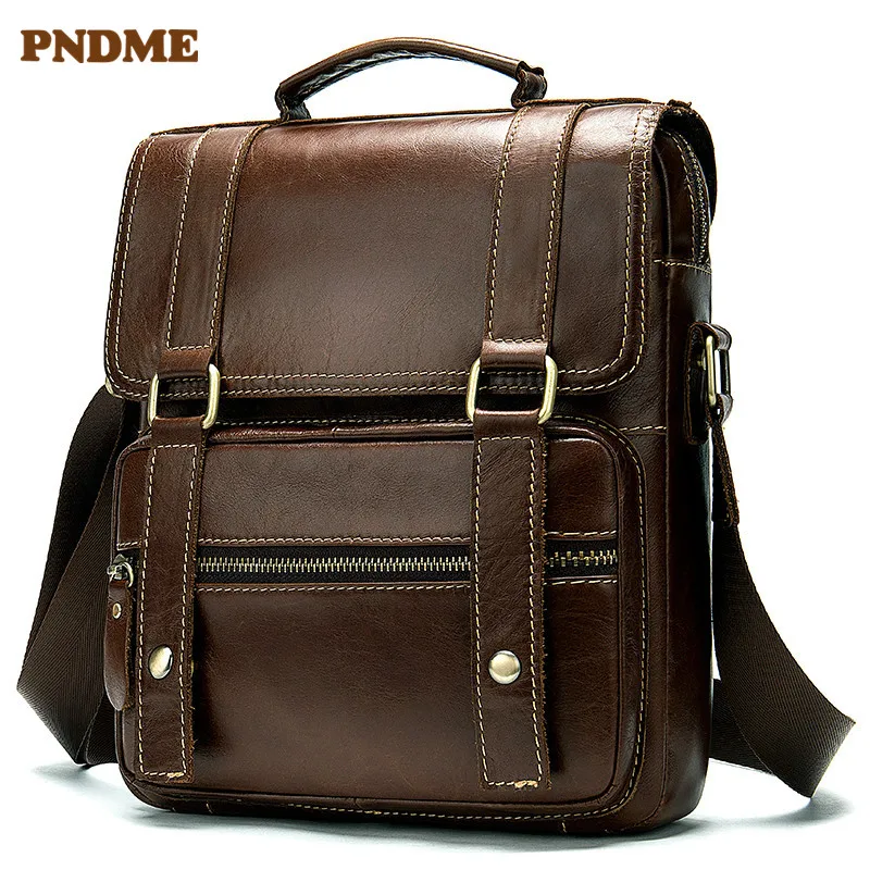 

PNDME retro men's genuine leather covered shoulder bag multi-function business portable document diagonal cross messenger bag