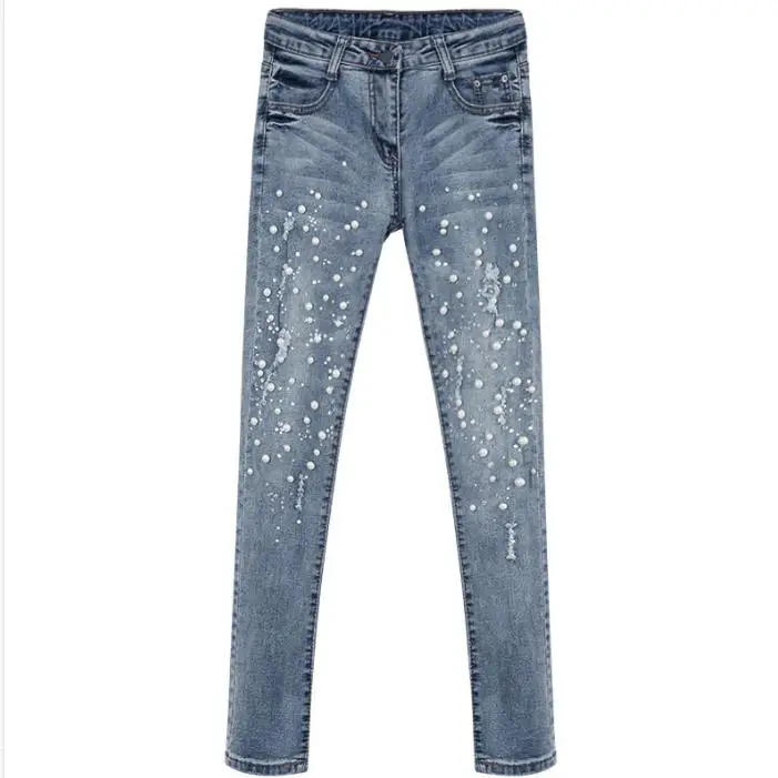 

2018 women jeans casual fashion solid color jeans beading decorative holes broken worn ripped skinny pencil jeans