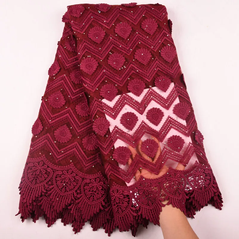 

Wine African Lace Fabric 2019 High Quality Milk Silk Applique Lace Stones French Net Tulle Lace Fabric For Party Dress Y1577