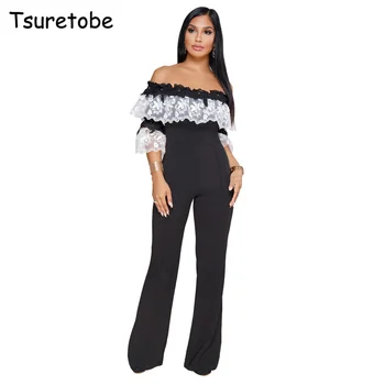 

Tsuretobe Sexy Off Shoulder Lace Net Yarn Ruffle Jumpsuit Women Bodycon Elegant Jumpsuit Loose Short Sleeve Jumpsuit Female