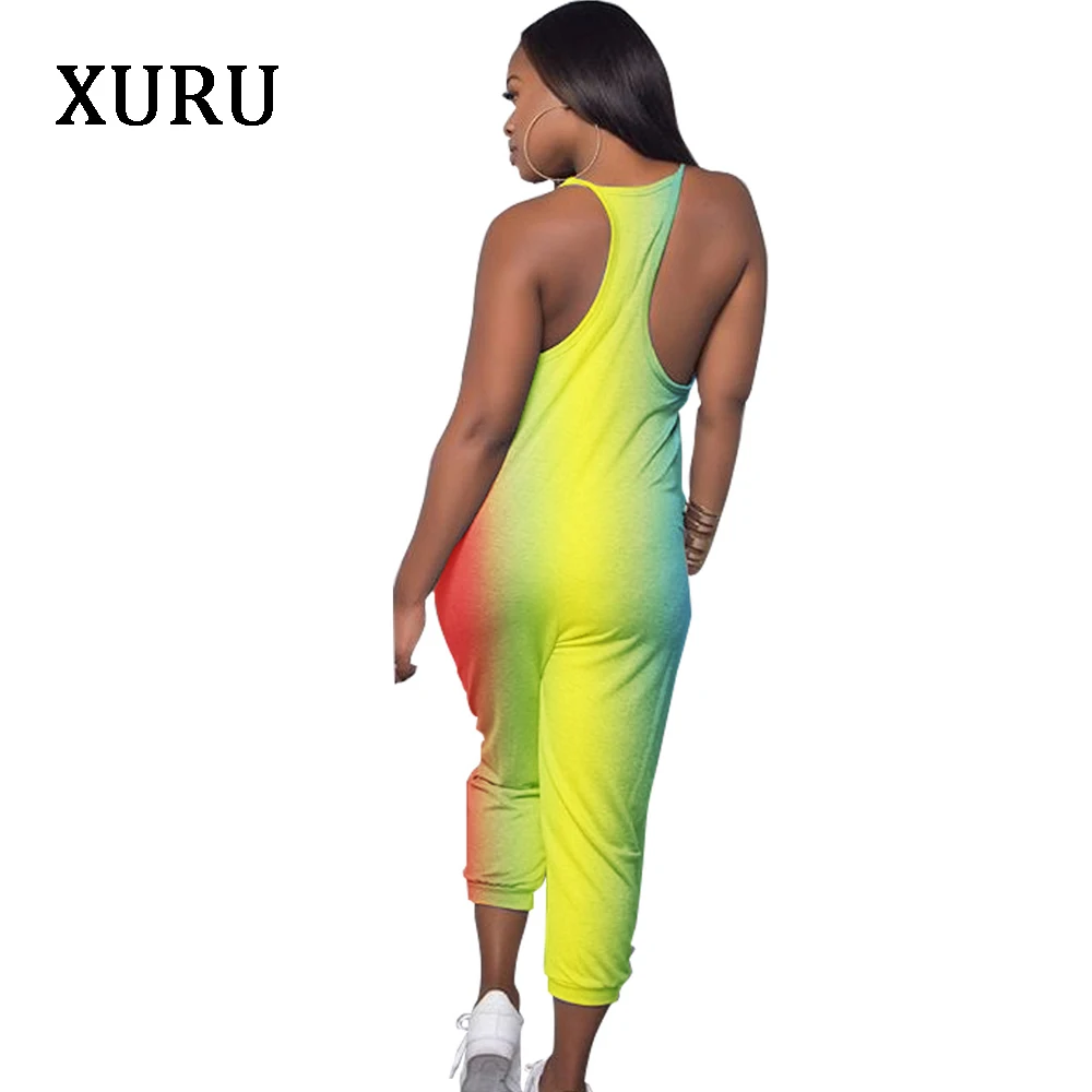 XURU Women Strap Sexy Jumpsuits 3/4 Pants Rompers Rainbow Print Sleeveless V Neck Pockets Jumpsuit Woman Comfortable Overalls Jumpsuits and Playsuits