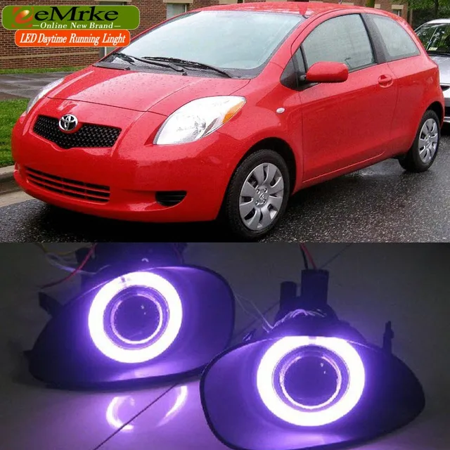 eeMrke For Toyota Vitz Yaris 2005 2010 LED Angel Eye DRL Fog Lights Off