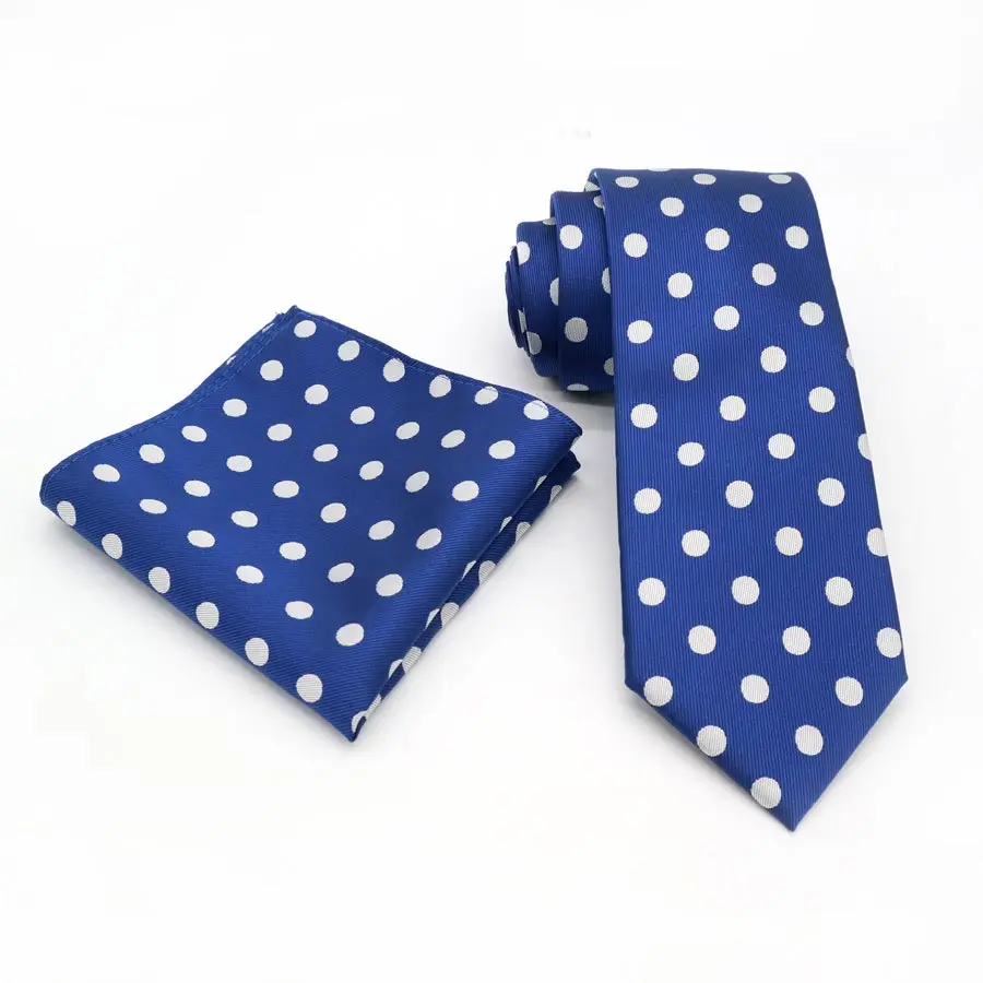 

T061 Men`s Classic Tie 100% Silk Jacquard Woven 8CM Blue White Polka Dot Necktie Hanky Sets For Man Wedding Business Party