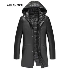 Новое роскошное стильное кожаное пальто, мужская кожаная куртка на утином пуху, толстая мужская кожаная куртка из овчины, настоящая кожаная куртка с капюшоном для мужчин