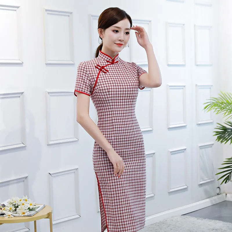 

Qipao Cheongsams Dress Chinese Women Cotton Short Sleeve Traditional Modern Plaid Checked Print Slim Knee Length Cheongsam Dress