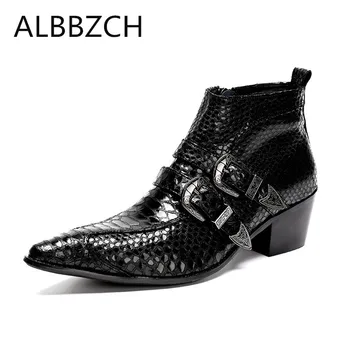 

Black embossed leather men boots fashino buckle pointed toe ankle boots westorn cowboy luxury work boots men's career show boots