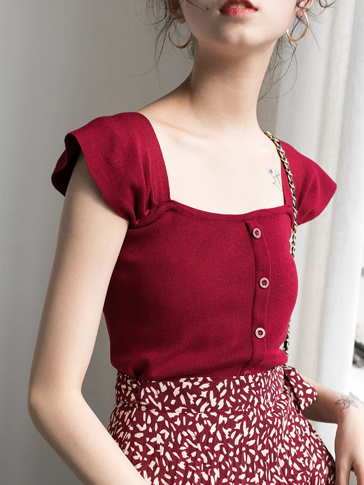 

Slim short sleeve t-shirt female 2019 summer short retro square collar shirt knit bottoming shirt white black red green