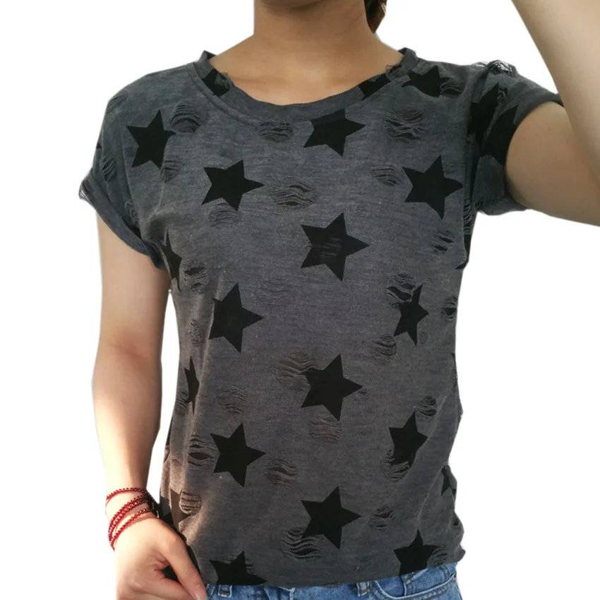 

Spring And Summer Top New European And American Fashion Hole Women's Short-sleeved T-shirt Cartoon Pentagram Printed Shirt