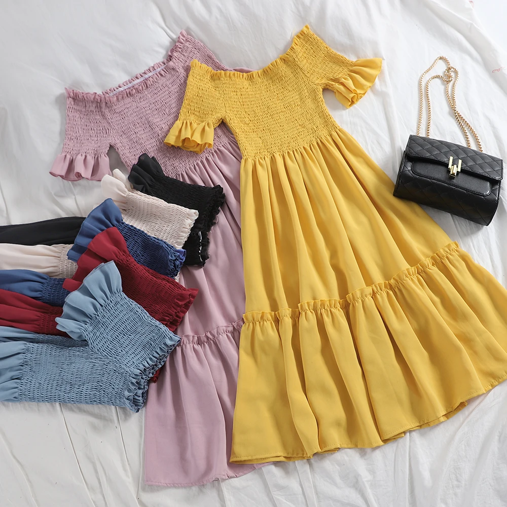 

Women Summer Flare Sleeve Slash Neck Ruffles Ball Gown Dress Casual Elastic Slim High Waist Pleated Pullover Chiffon Cake Dress