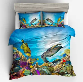 

hot sale 3D HD Tortoise bedding sets Print white blue fish shell Turtle coral duvet cover pillow case Deep Ocean queen King size