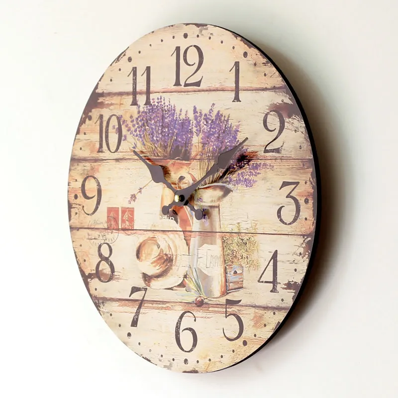 Retro Vintage Style Large Wooden Digital Clock Lavender Flower Vase