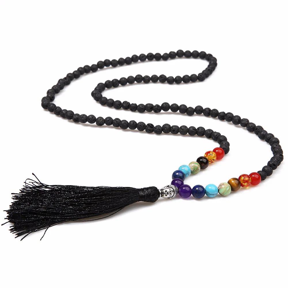

6mm black lave stone 7 chakra bead necklace tassel buddha pendant long chain necklace energy healing jewelry Drop Shipping