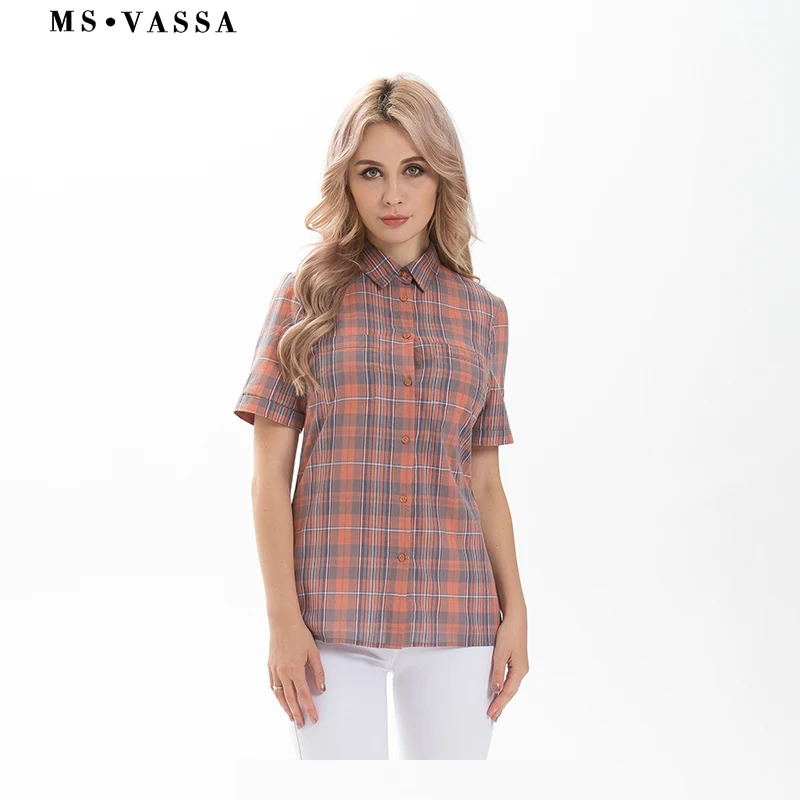 MS VASSA Women blouses 2017 Summer plaid shirts cotton short sleeve