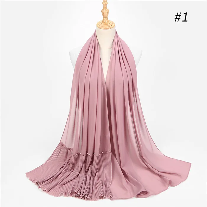 with pearl color1 Длинный шарф в стиле пэчворк, популярный шифоновый шарф с пузырьками, хиджаб с жемчужной складкой, шарф с швом, мусульманские шарфы - Цвет: with pearl color1